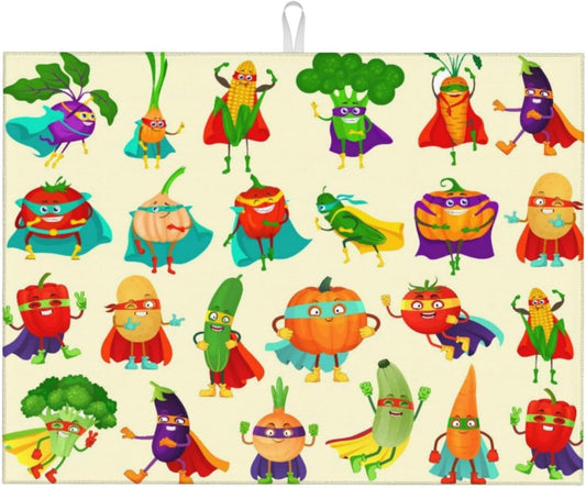 Colorful Cartoon Vegetable Dish Drying Mats, 18 x 24 inch Absorbent Microfiber Decorative Kitchen Counter Mats, Polyester,