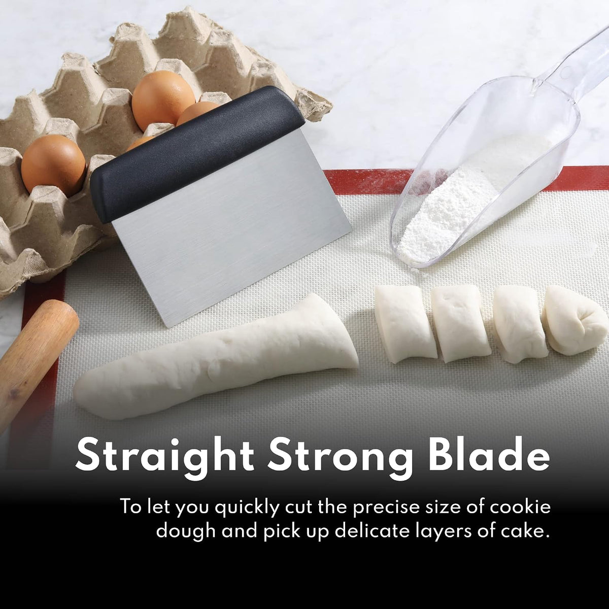 New Star Foodservice Bakery-Grade Stainless Steel Dough Scraper with Black Plastic Handle, 6 x 3 Inch Bench Scraper, Pastry Cutter, Dough Divider, Baking Prep Tool