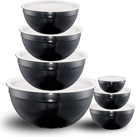 Black Mixing Bowls with Lids Set of 7, Stainless Steel Nesting Bowl with Khaki Lid for Non-slip Mixing Prepping Storing