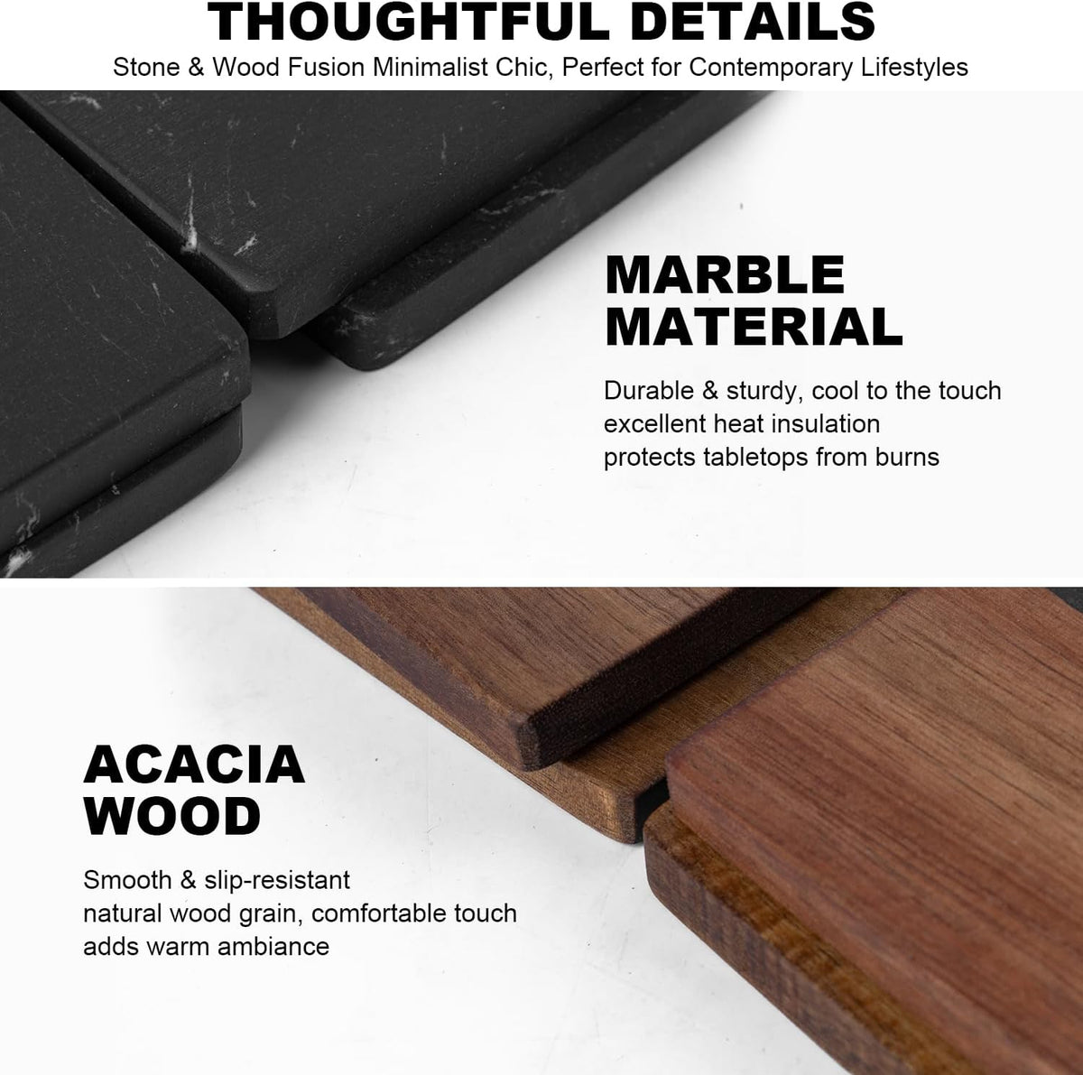 Marble Coasters: 4-Piece Set of Acacia Wood Marble Coasters, Suitable for Kitchens, Offices, and can be Used as Gifts (Black Square)