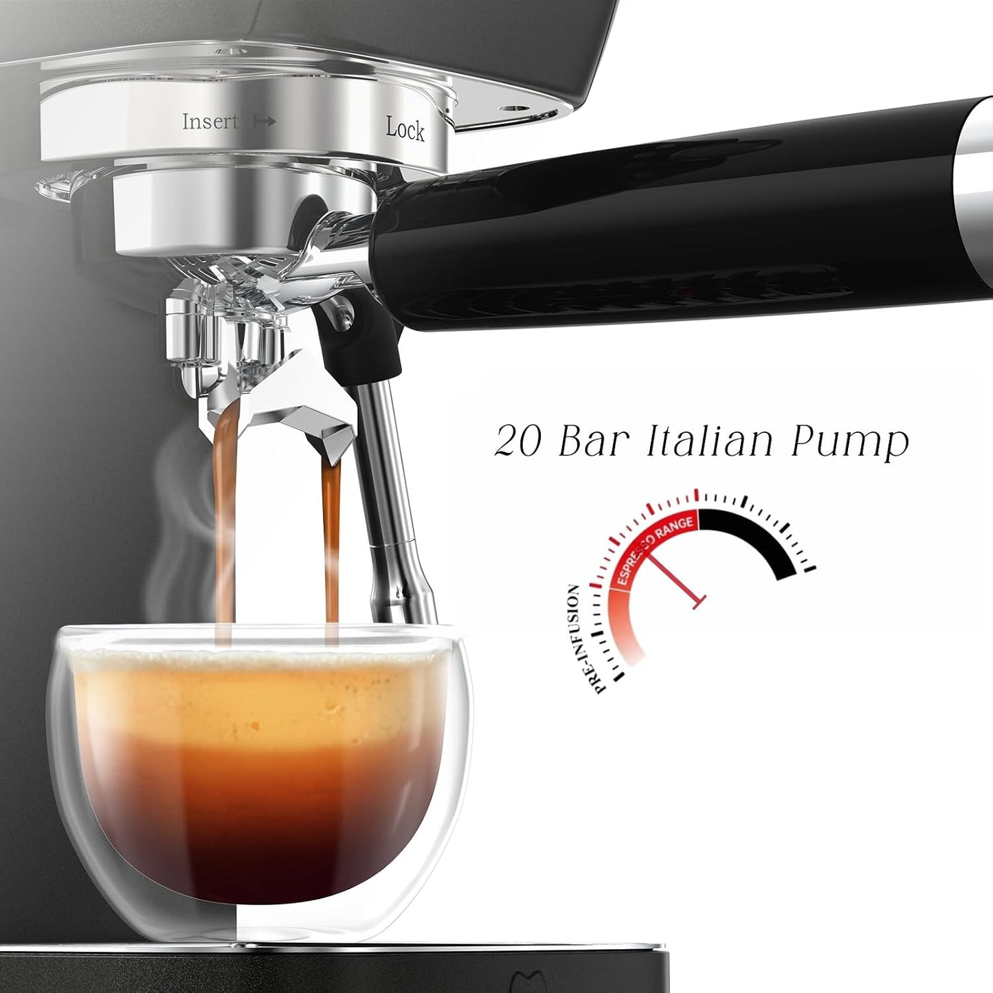 MAttinata 1663L Espresso Machine 20 Bar, 10mm Steam Wand for Milk Frother | Pressure Gauge, Italian Pump Coffee Maker, PID Smart Control, Compact Cappuccino Machine, Latte Art, Stainless Steel, Black