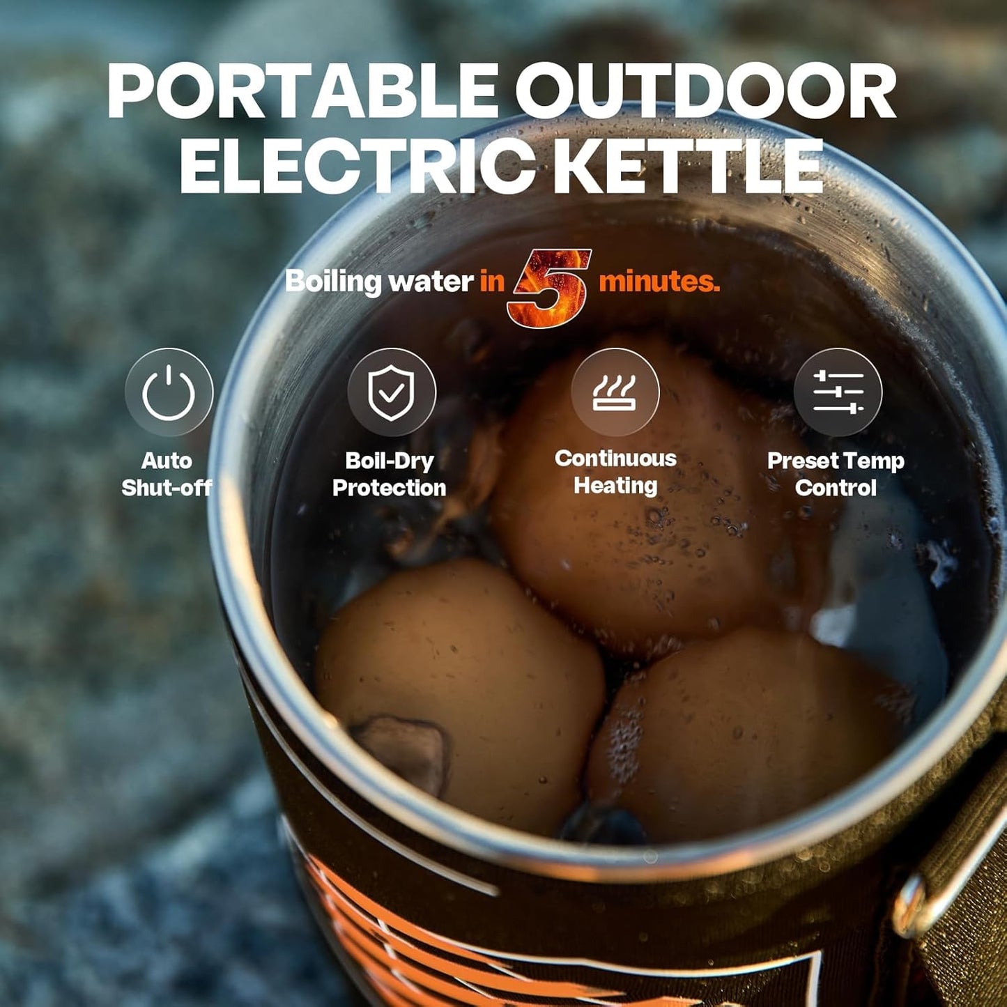 Portable Camping Coffee Maker, Electric French Press, Travel Kettle, 120V | 2-in-1 coffee maker and water boiler with electric French press brewing; portable 120V design for camping, travel and RV use.