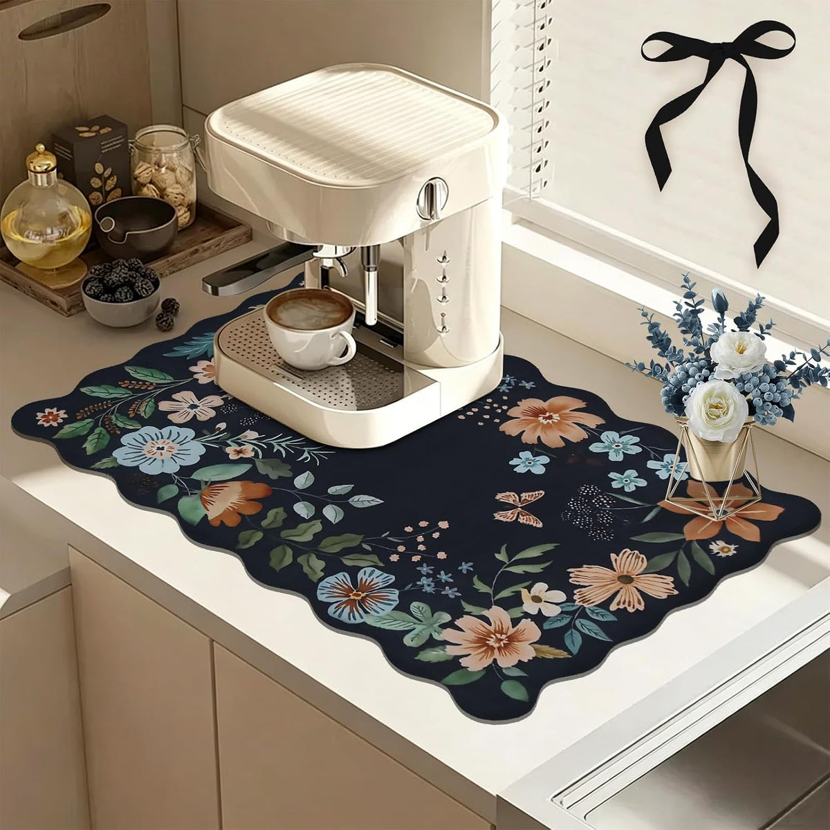 Scalloped Bohemian Coffee Bar Mat Dish Drying Mats for Kitchen Counter