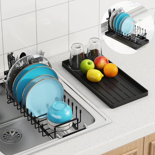 ANTOPY Sink Dish Drying Rack - Expandable Small Dish Rack Over Sinks with Silicone Drying Tray, Dish Drainer for Kitchen