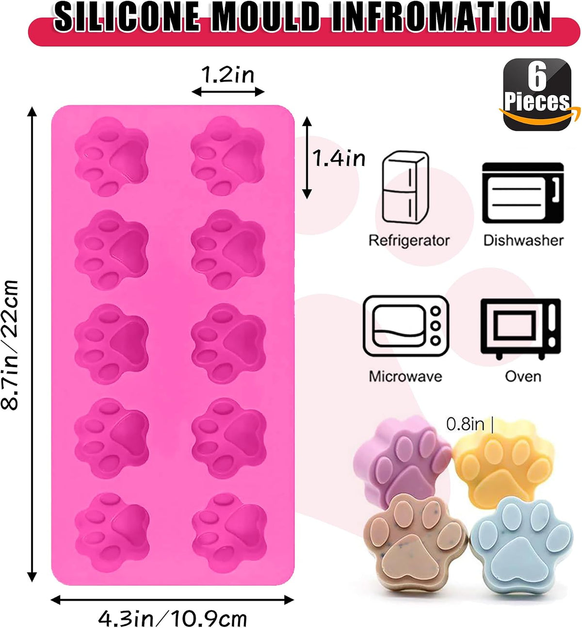 Puppy Dog Paw and Bone Silicone Molds for Baking, Non-Stick, Food Grade Silicone, For Chocolate, Candy, Jelly, Ice Cube, Dog Treats Dog Treat Mold - 6 Pack