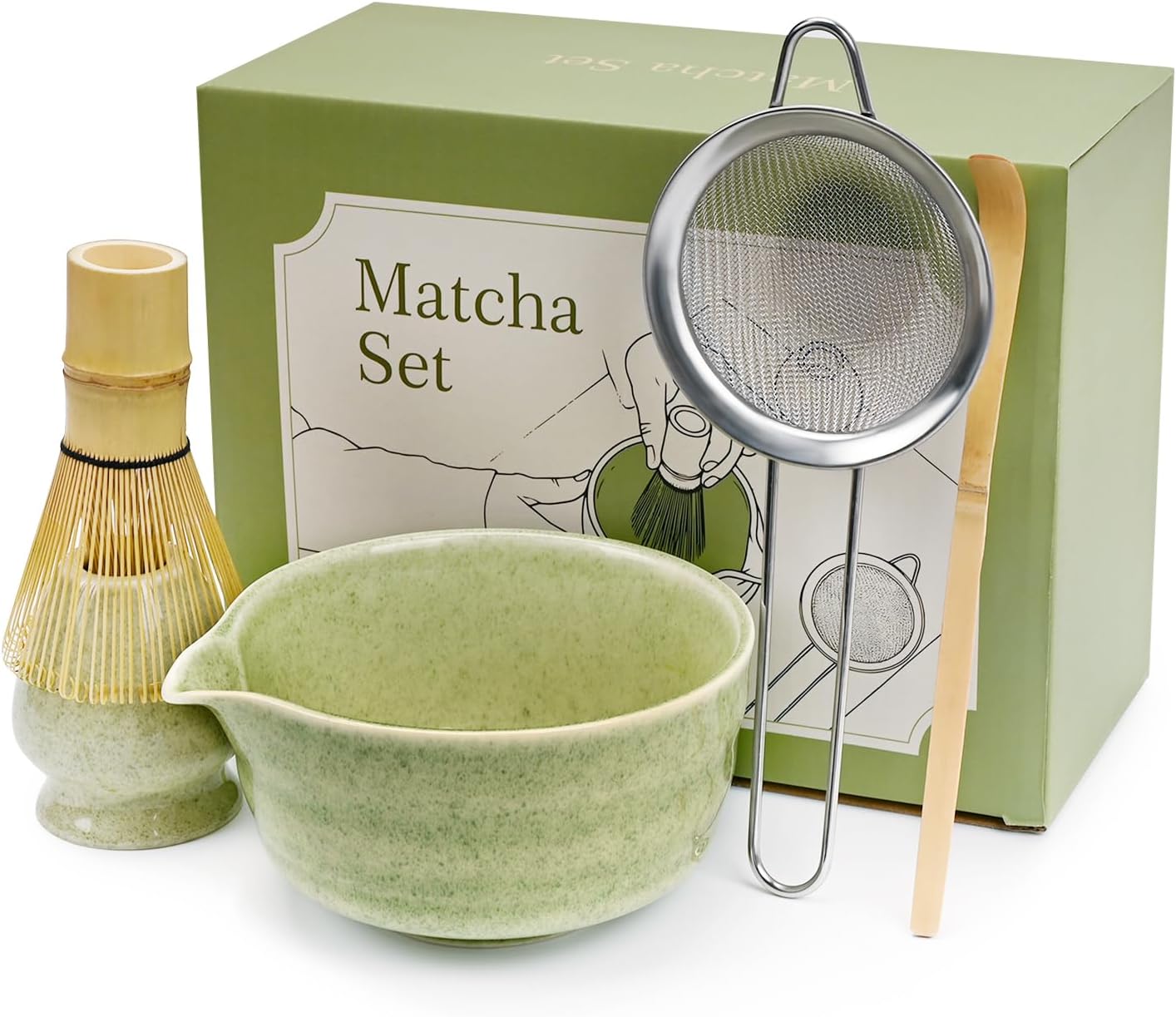 Green Matcha Whisk Making Set - Japanese Tea Kit with Whisk Bowl and Bamboo Scoop Ceramic Chawan wit