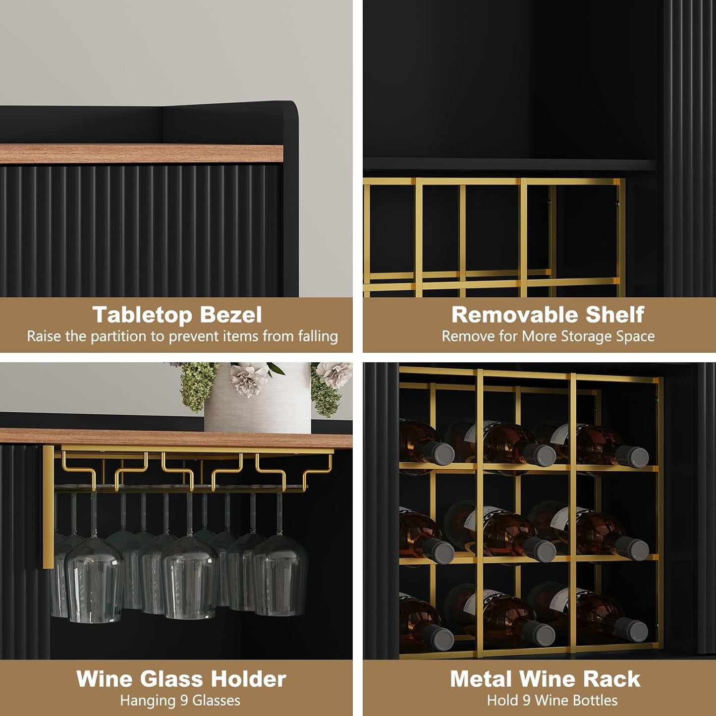 ARTPOWER 48" Wine Bar Cabinet with Fluted Texture, Modern Buffet Sideboard with Wine Rack and Glass Holder, Liquor Coffee Station with Storage for Kitchen, Living Room, Home Bar, Black