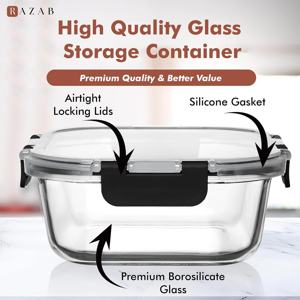 Razab 2 PC 1200ML / 41 Oz Glass Food Storage Containers with Lids - Airtight &amp; Leakproof - Microwave/Oven/Freezer Safe - BPA Free - Ideal for Meal Prep, Storing Leftover &amp; Lunch