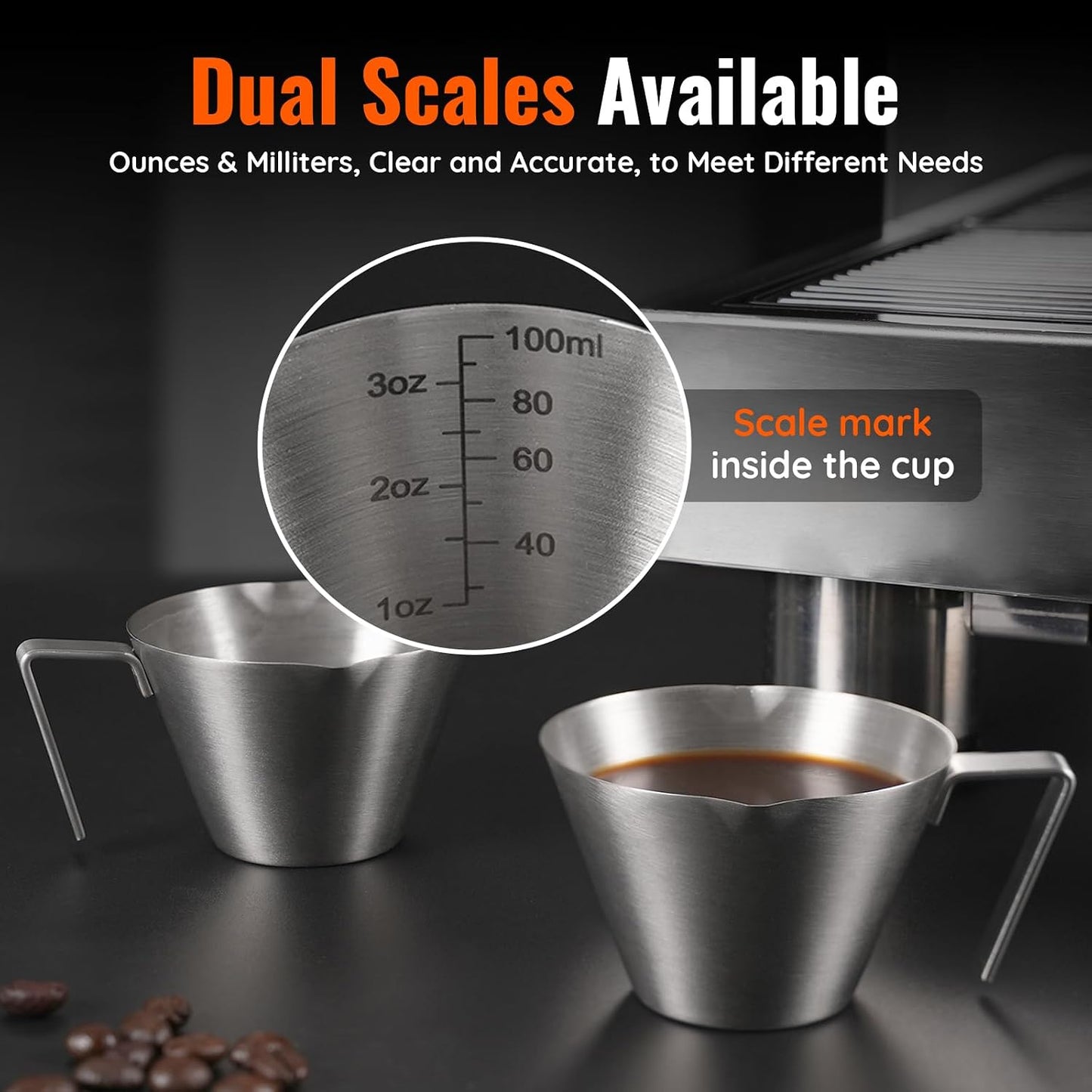 YARRAMATE Stainless Steel Espresso Shot Cup, 3.4oz/100ml (Silver) | Heat Insulated Grip, Stackable, Dual-Scale Accuracy, Easy to Rinse Clean, Fits Espresso Maker