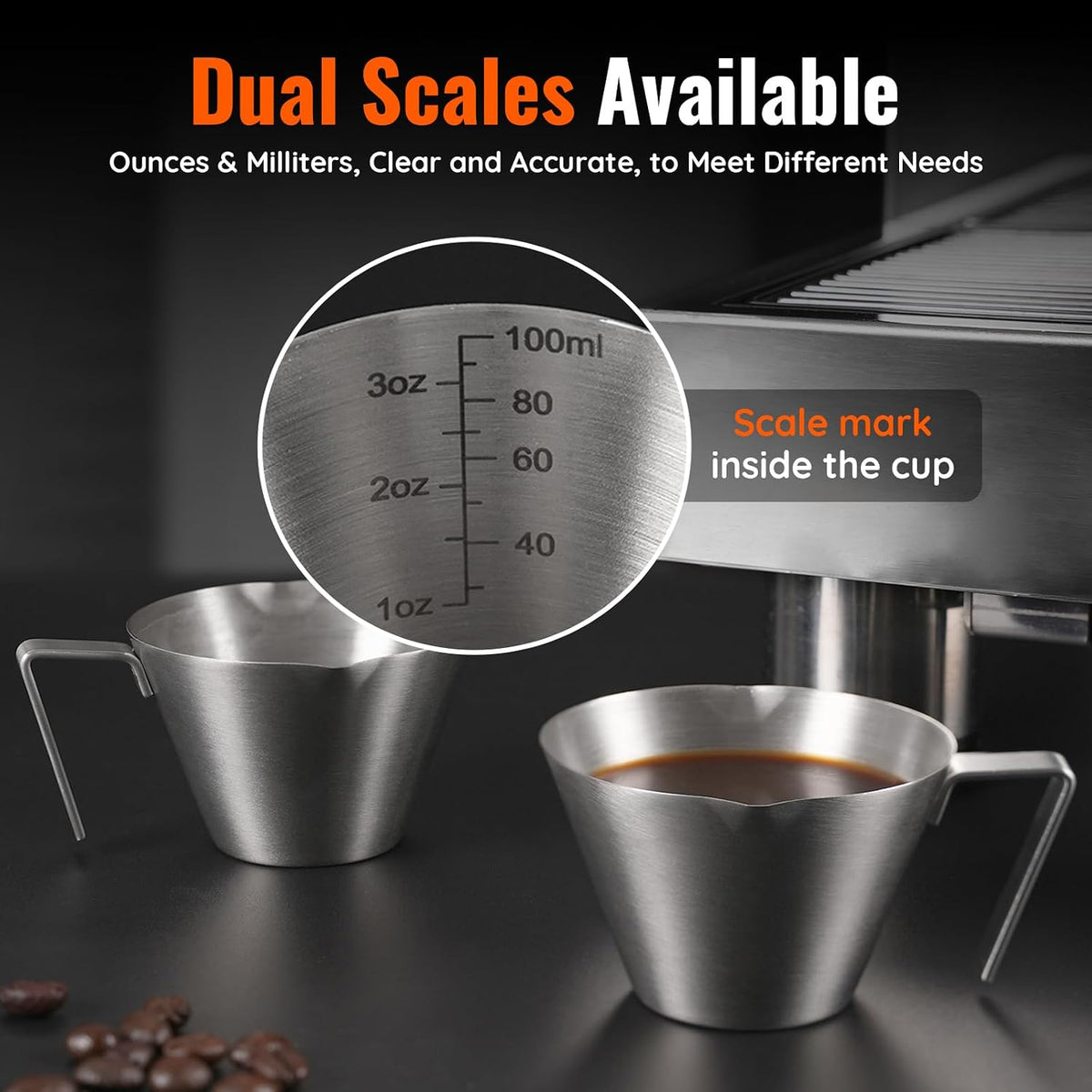 YARRAMATE Stainless Steel Espresso Shot Cup, 3.4oz (Silver, 2 Pack) | Heat Insulated Grip, Stackable, Dual-Scale Accuracy, Easy to Rinse Clean, Fits Espresso Maker