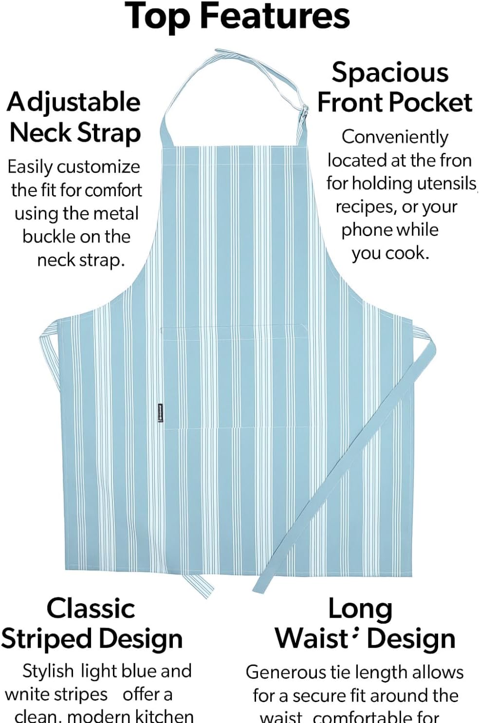 Cotton Striped Aprons for Women with Pockets - Adjustable Strap and Waist Ties Printed Apron for Baking, Cooking, Gardening (27.5 x 33 Inches - Dove Blue)