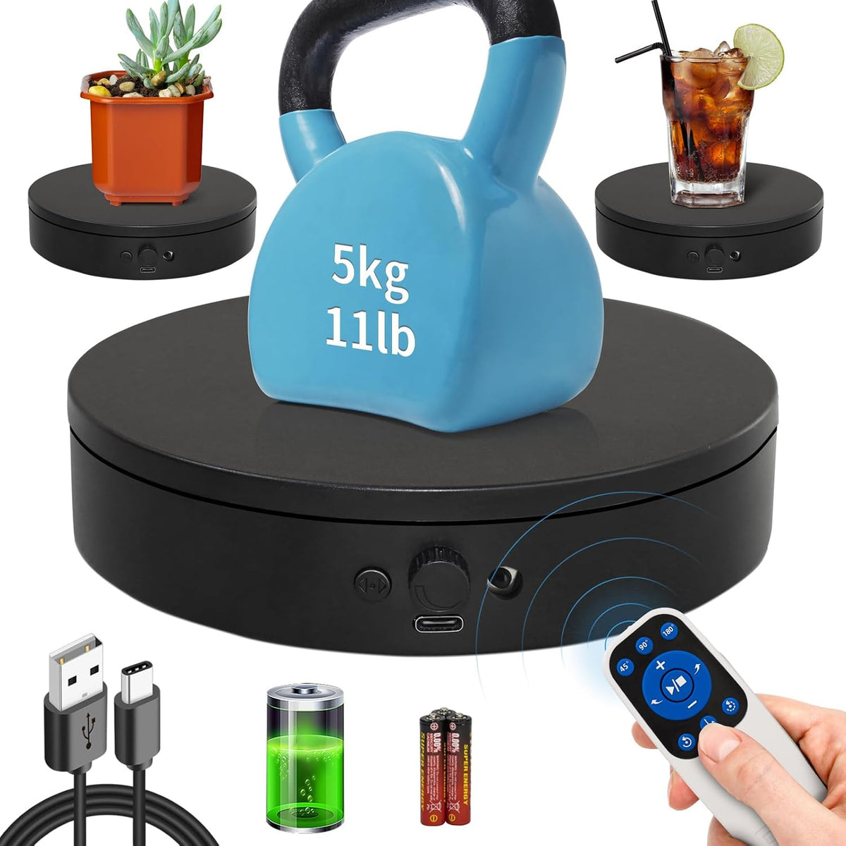 Motorized Rotating Display Stand with Remote, 5.91in 360 Electric Turntable for Display,Photography,3D Scanner Models, Motorized Lazy Susan and Photography Turntable Control Angle/Speed,Step/Swing/Con