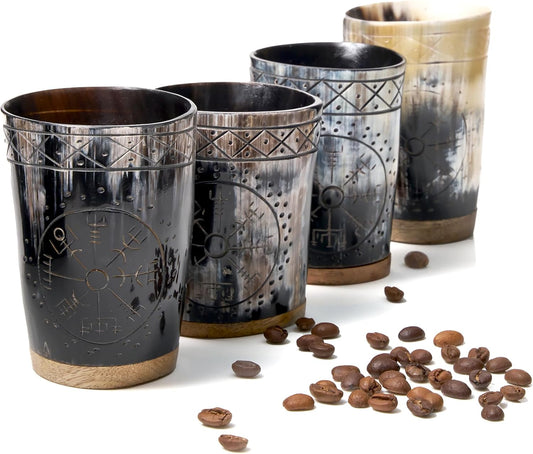 Ox Horn Shot Glass Set of 4 – Handcrafted Viking Cups with Unique Engraved Design – Cool Norse Horn Shot Glasses for Ancient Age Whiskey