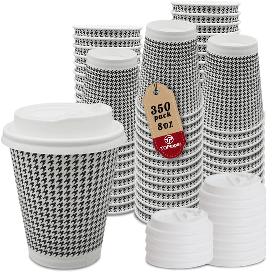 350 Pack 8 oz Insulated Disposable Coffee Cups with Lids, Double Wall Corrugated Paper Hot Cups Bulk To Go Disposable Cups