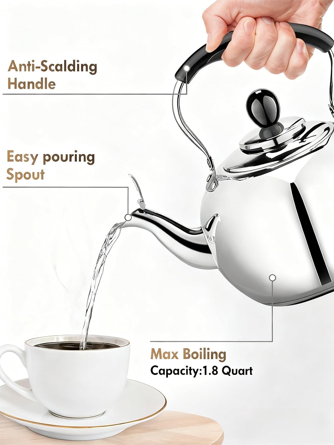 Stovetop Tea Kettle with Whistle - 2.0 Quart 18/8 Stainless Steel Tea Pot for Gas Stove &amp; Electric Coil Stovetop, Food-Safe, Easy-Pour Spout, Mirror Polished Classic Water Kettle