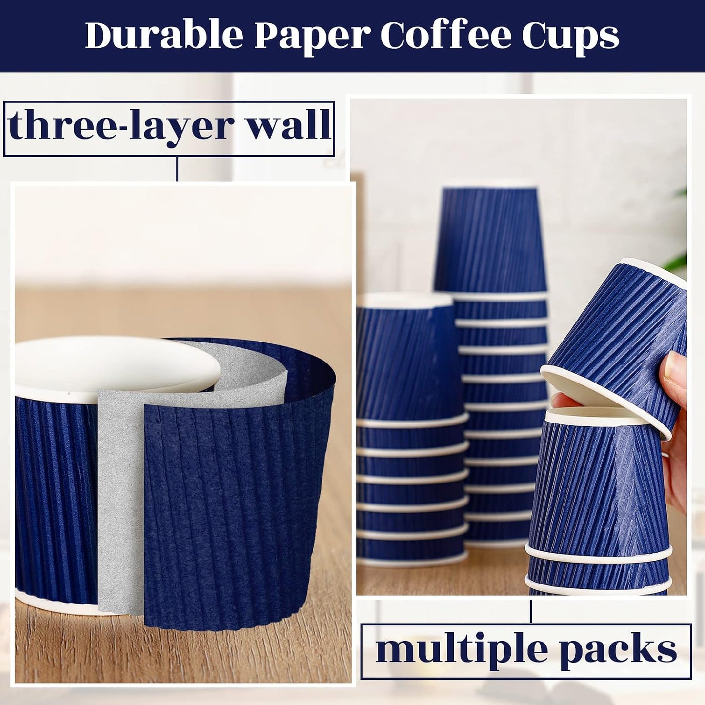 Yaomiao 200 Pcs 4 oz Disposable Espresso Coffee Cups, Blue | Ripple Corrugated Paper, Insulated, Hot Cups for Party, Cold Drinks Hot Beverage Tea