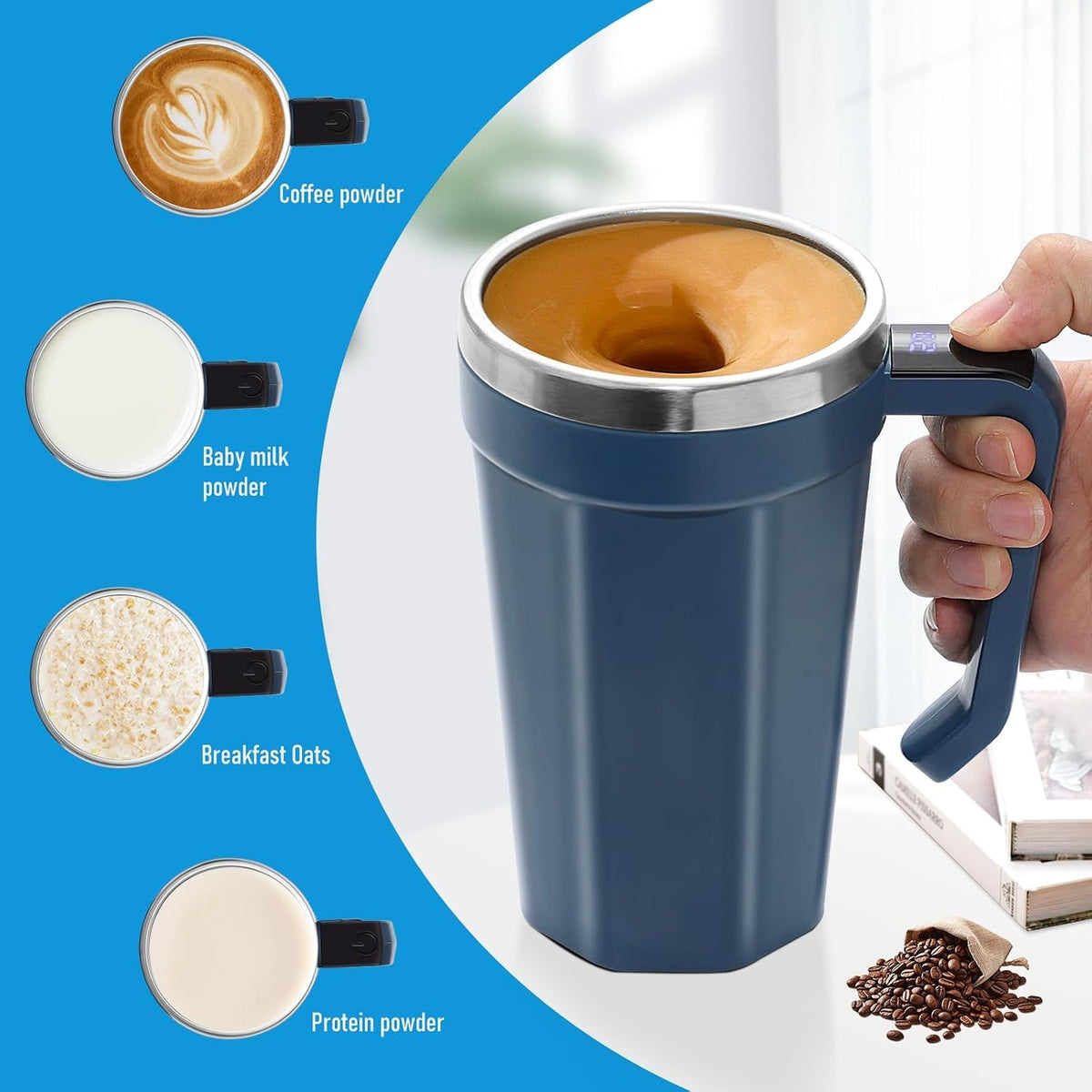 Self Stirring Mug with Temperature Display, 18oz Self Stirring Coffee Mug | Magnetic Automatic Self Stirring Cup with Lid for Coffee, Milk, Beverages, Rechargeable Electric Mixing Cup, Stainless Steel