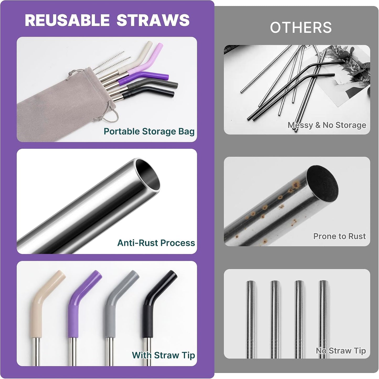 6.7" Short Metal Straw-Reusable Stainless Steel Straws with Silicone Tips | 304 Stainless Steel-BPA Free, Includes 2 Brush &amp; Pouch, Short Design Fit for Small Cups