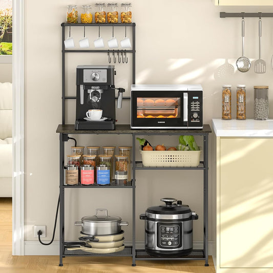 Bakers Rack with Power Outlet, Kitchen Microwave Stand with 10 S-shaped Hooks, 6-Tier Coffee Bar Station, Kitchen Storage