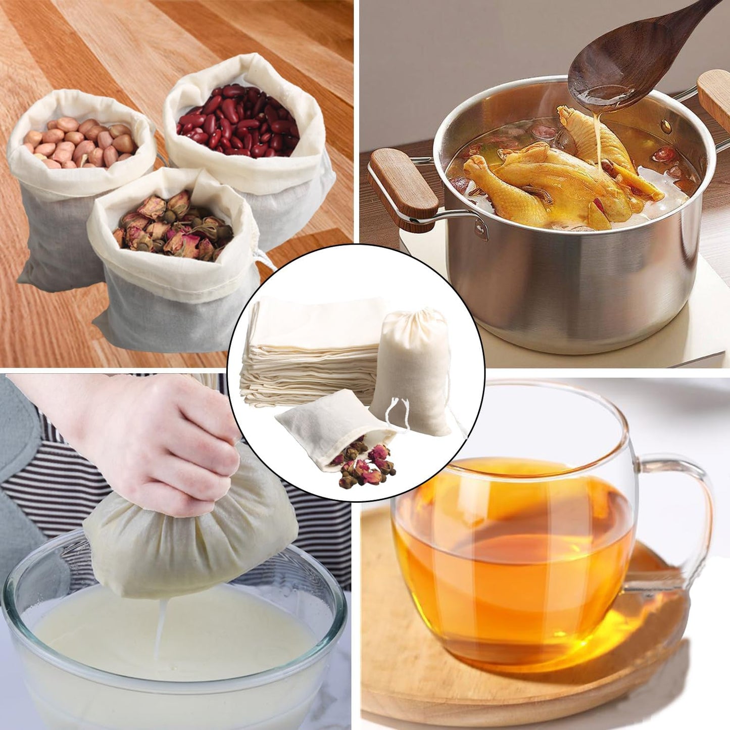 Eketirry Spice Bags, 20pcs Reusable Empty Tea Bags, Muslin Strainer Bags, Soup Bags for Cooking, Natural Cotton Fine Mesh Cheesecloth Bags for Cold Brew Coffee(3 x4" &5x6.3")