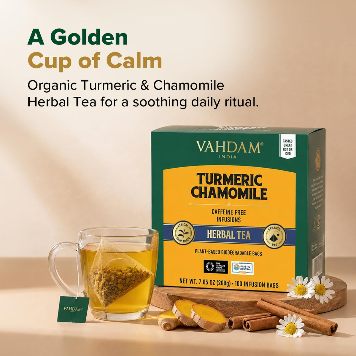 VAHDAM Turmeric Chamomile Tea(100 Pyramid Teabags) Caffeine Free Herbal Tea