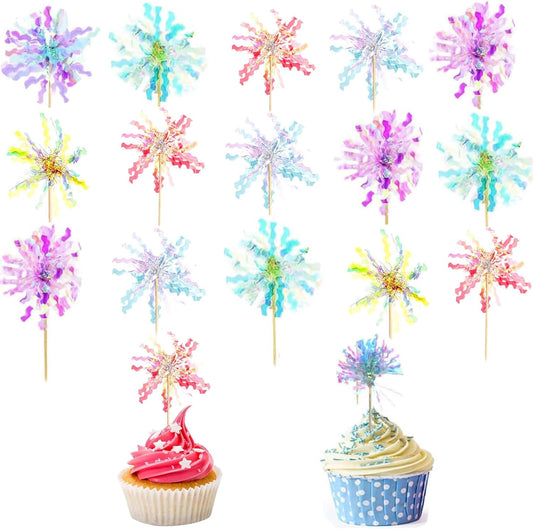 30 Pieces Happy Birthday Cake Toppers Foil Firework Cupcake Toppers Sparkle Tinsel Flower Drink Stirrers for Cake Decoration