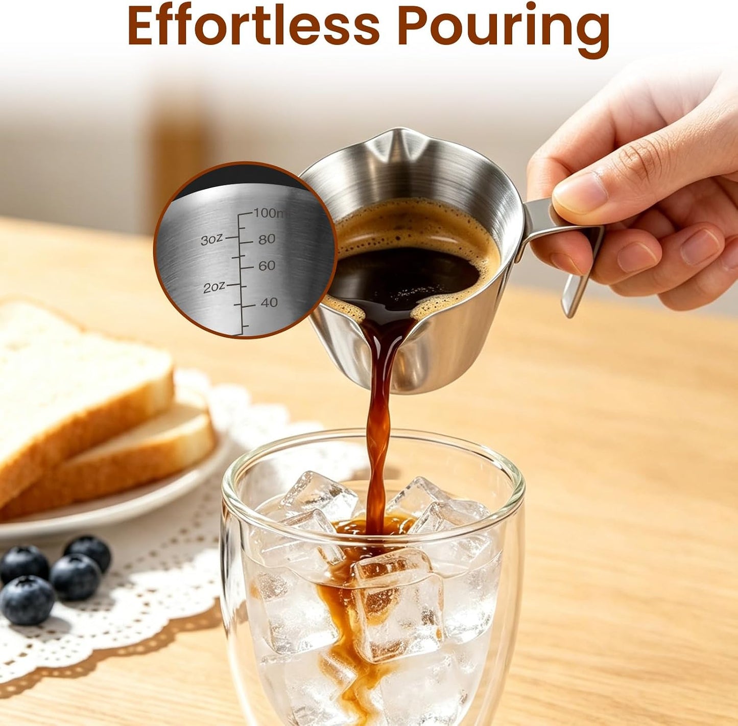 3 Pc Stainless Steel Espresso Shot Cups, 3.4oz/100ml, Silver | Double Spout Measuring Cups with Handle, V-Shaped Mouth, Ideal for Espresso Brewing and Coffee Making