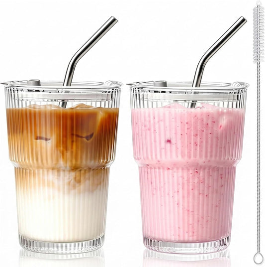13oz Iced Coffee Cups with Lids and Straws, Thicken Glass Cups, 2 PCS