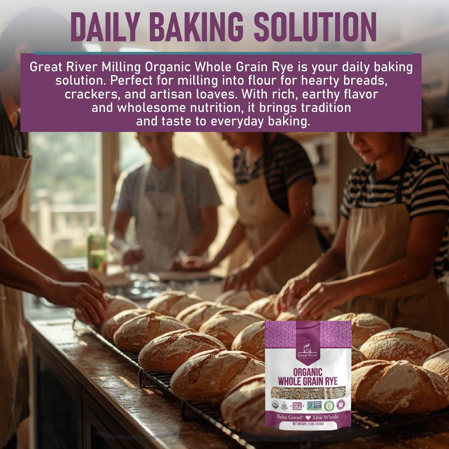 Great River Milling Organic Whole Grain Rye Berries, Non-GMO, 2 lb | Organic Whole Rye Berries for home-milled rye flour, sourdough bread, sprouting, soups, salads and pilaf; chewy cooked grain