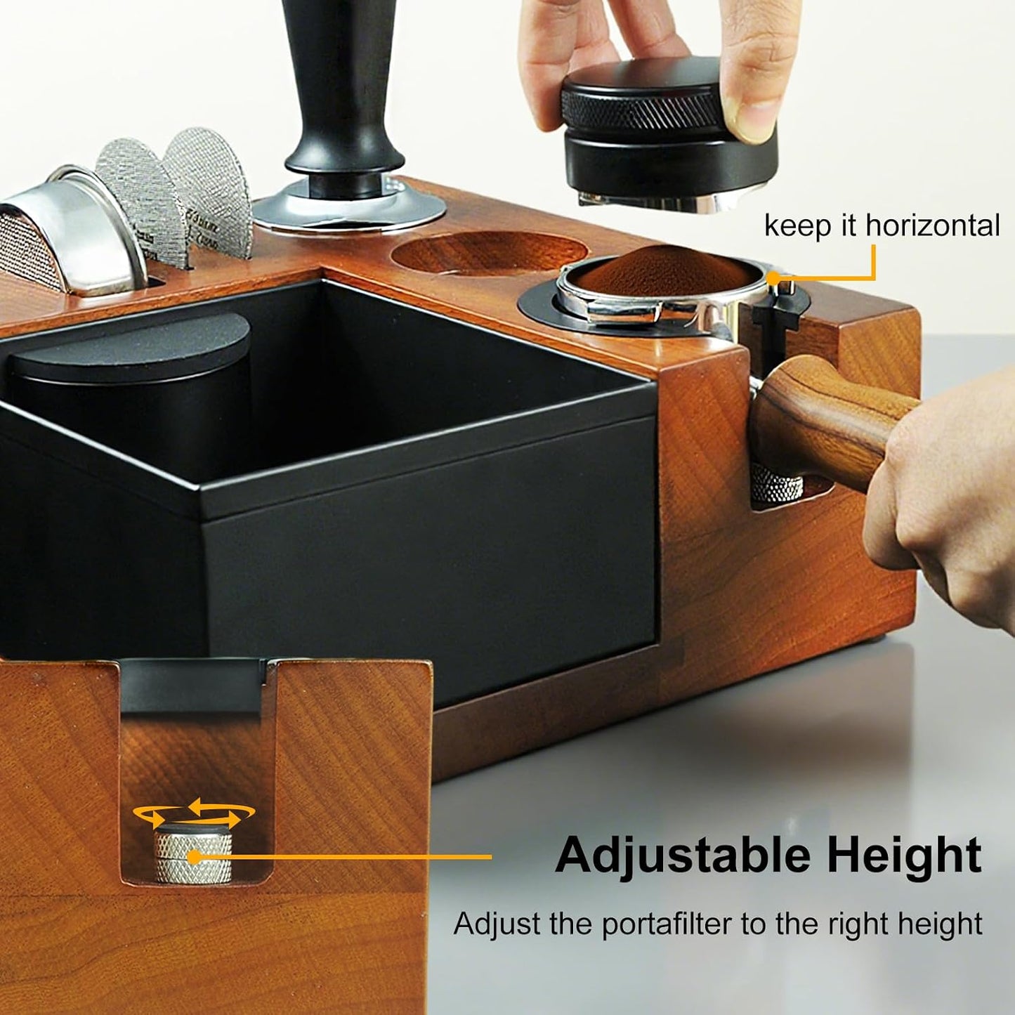 Espresso Tamping Station Knock Box - 9 in1 Espresso Knock Box And Tamp Station Coffee Organizer Fit for 51mm 53mm 54mm 58mm Espresso Tamper Distributor Portafilter Puck Screen Accessories Storage