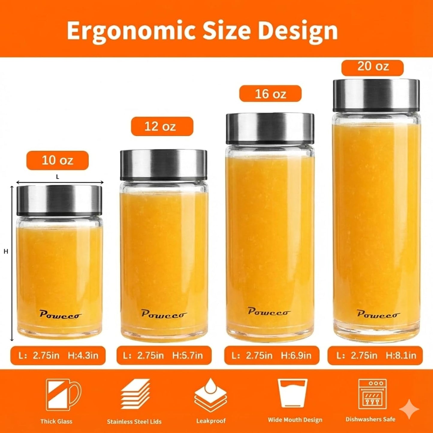 Glass Juice Bottles 4 Pack 10 oz - Wide Mouth Glass Water Bottles with Lids - for Juicing, Protein, Smoothie, Milk, Reusable, BPA Free, Stainless Steel Lids, Blender, Shaker Bottle (300ml)