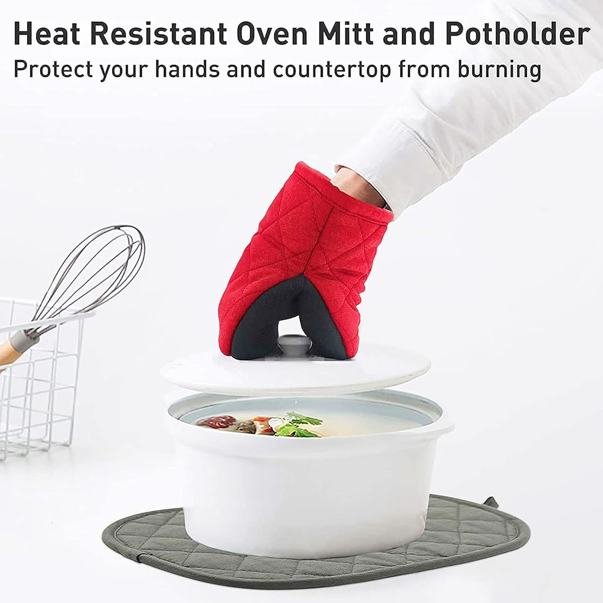 1 Pair Short Oven Mitts, Heat Resistant Silicone Kitchen Mini Oven Mitts for 500 Degrees, Non-Slip Grip Surfaces and Hanging Loop Gloves, Baking Grilling Barbecue Microwave Machine Washable
