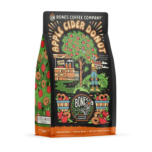 Bones Coffee Company Apple Cider Donut Flavored Coffee, Medium Roast Low Acid Arabica Beans Compatible with Auto drip and
