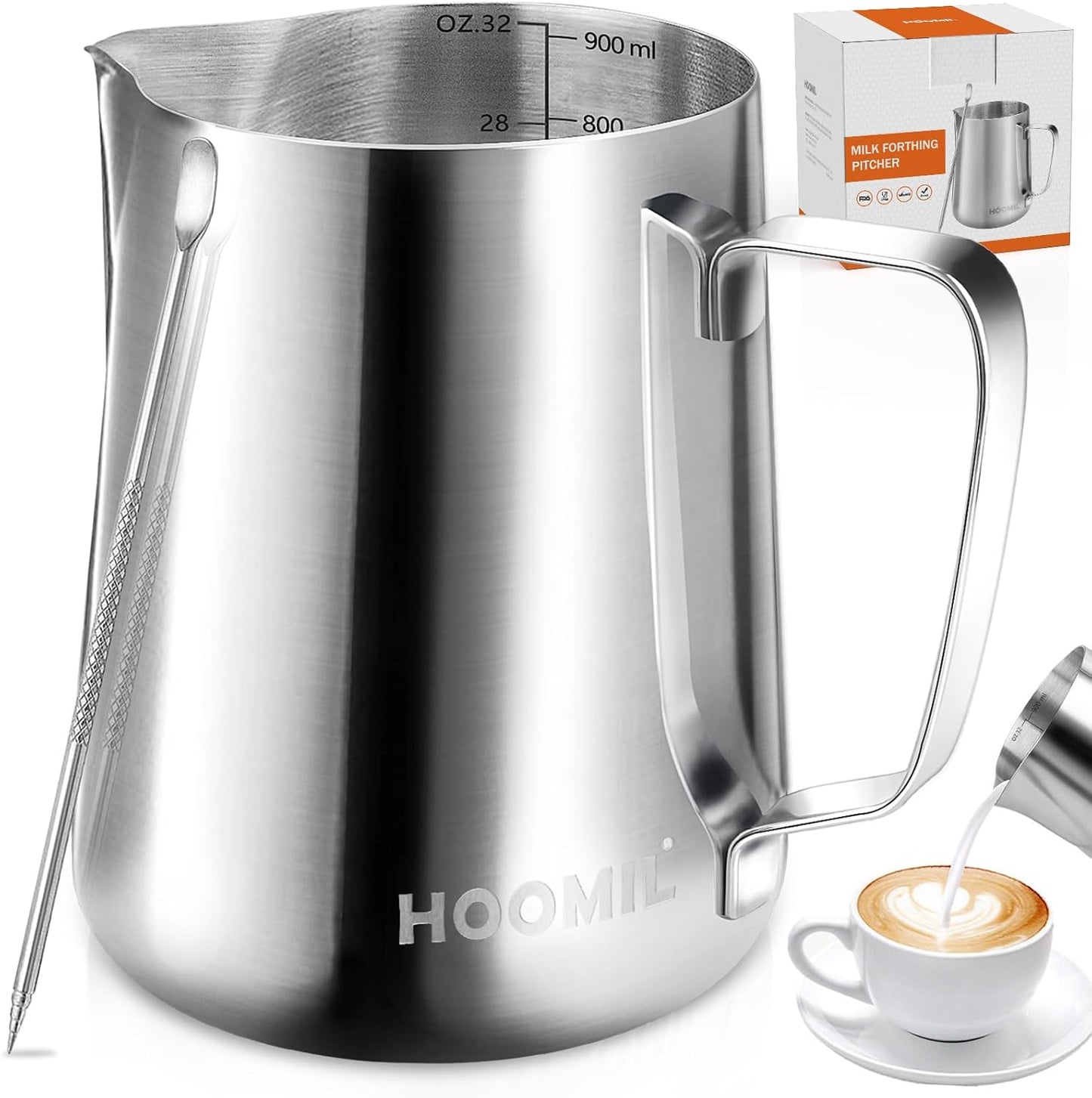 HOOMIL Milk Frothing Pitcher, 32oz/900ml Stainless Steel Steaming Pitcher Barista Milk Frother Cup J