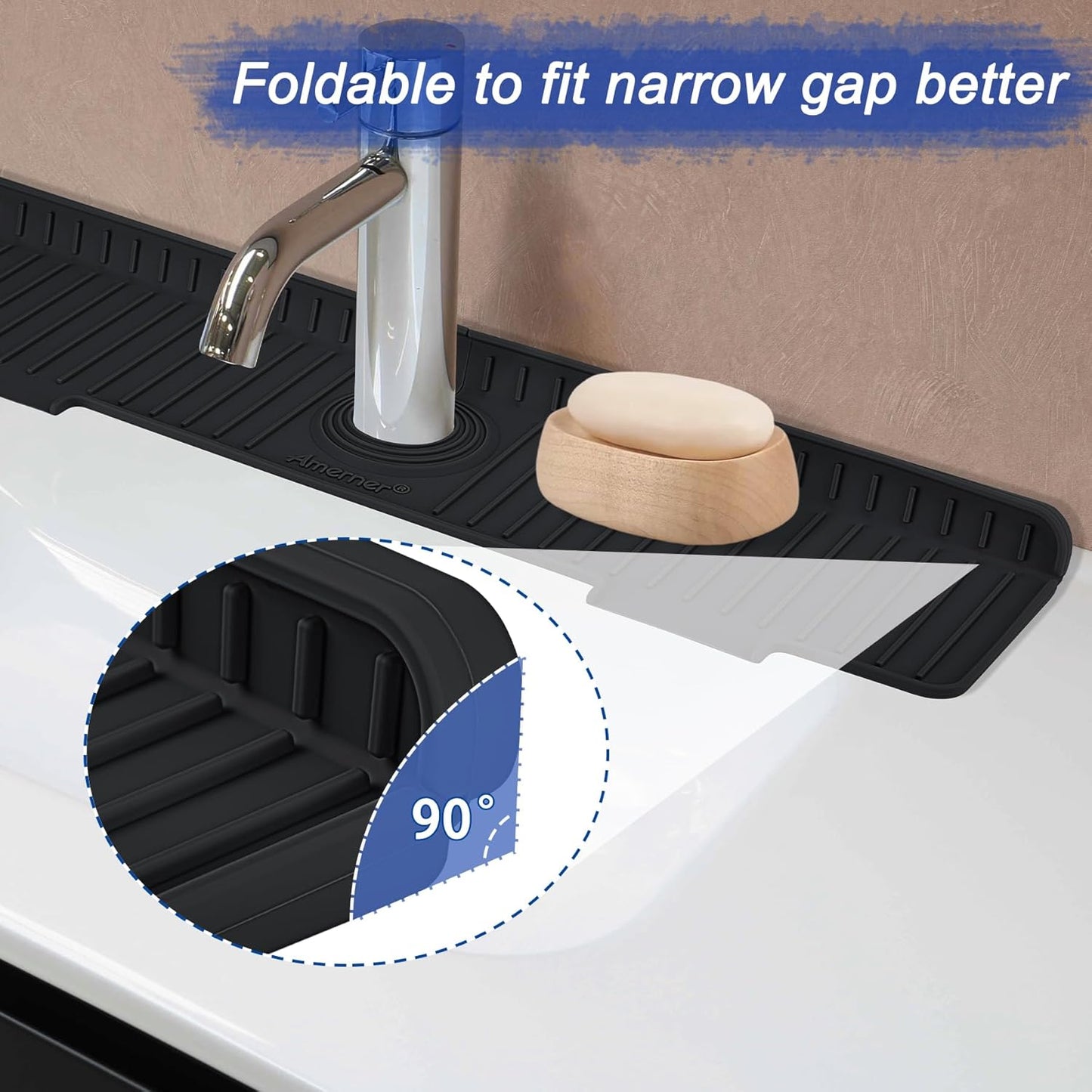 Kitchen Sink Splash Guard, 20 inch Silicone Faucet Guard &amp; Draining Mat, 10° Large Slope Sink Faucet Mat Splash Guard, Bathroom Sink Organizer, Kitchen Sink Accessories Gadgets, 20 x 5.5”, Black