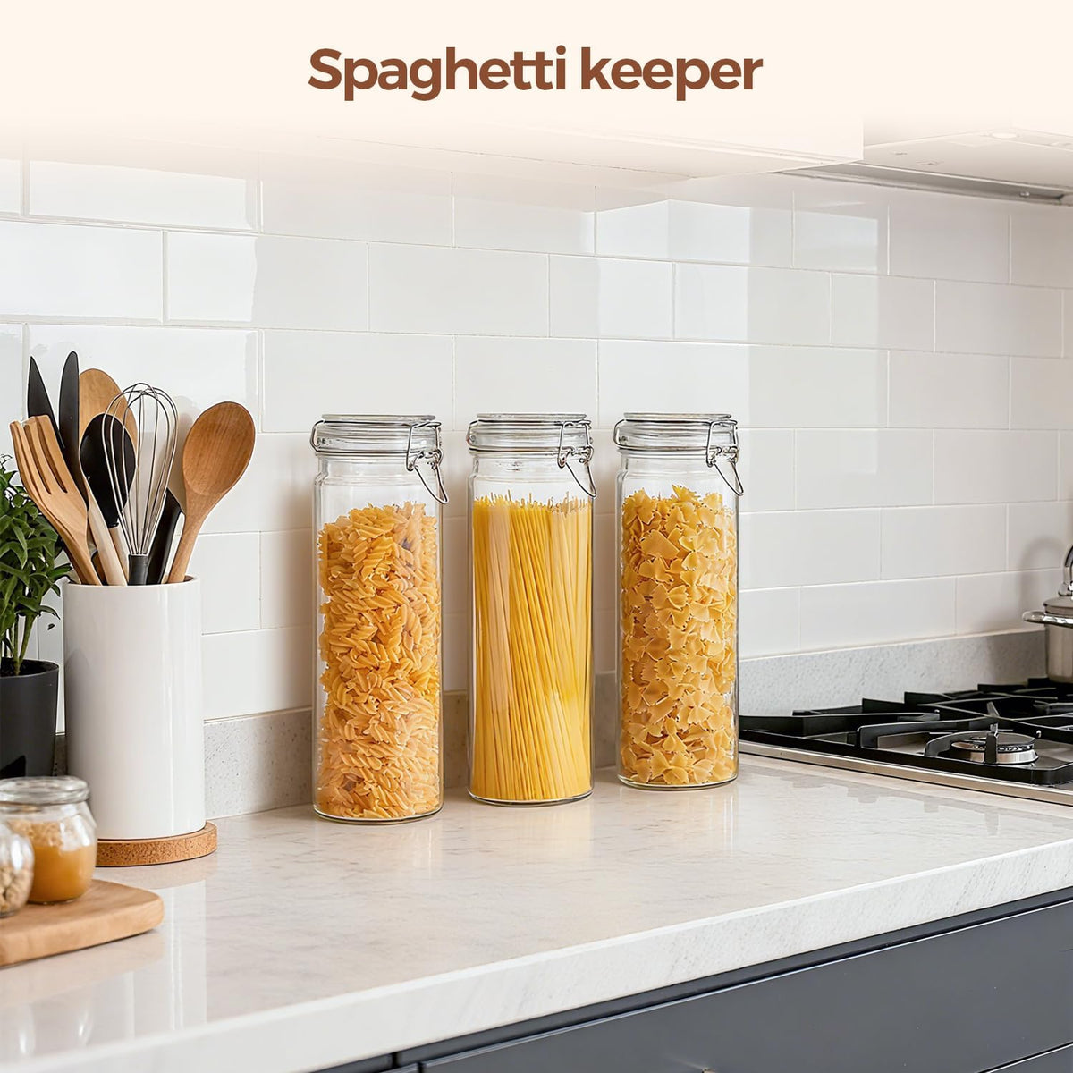 ComSaf Tall Glass Pasta Containers with Airtight Lids 68 oz 3 Pack Canister