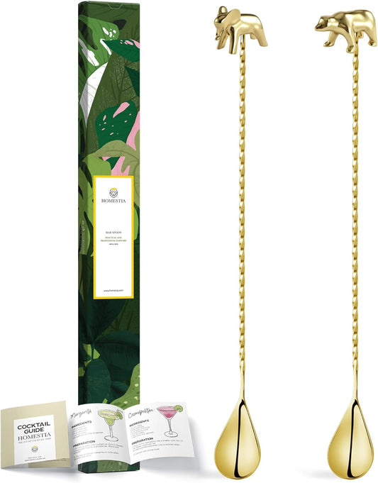 Homestia Gold 12-Inch Stainless Steel Cocktail Spoon with Elephant Bear Handle - Perfect for Mixing & Layering Drinks in