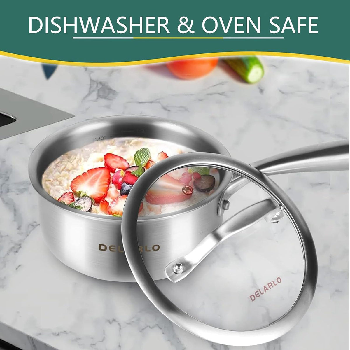 DELARLO Full-body Clad Tri-ply Stainless Steel 1.5 Quart Saucepan with Lid