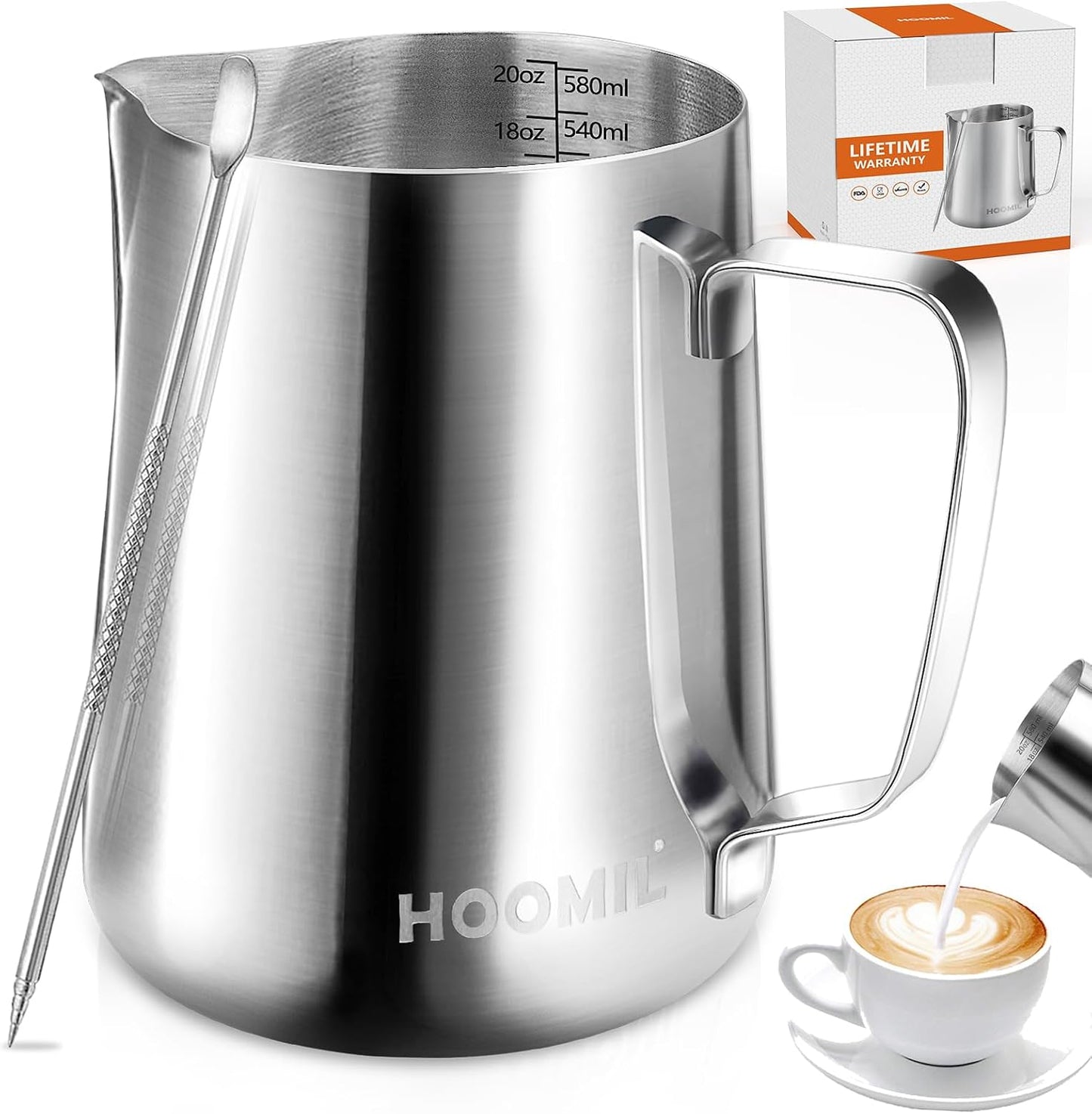 HOOMIL Milk Frothing Pitcher, 20oz, 304 Stainless Steel - Silver