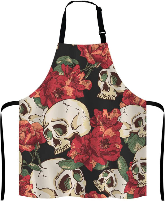 Skull Apron for Women and Men, Flowers Skull Adjustable Kitchen Chef Apron for Cooking Baking - Cute Birthday, Anniversary,