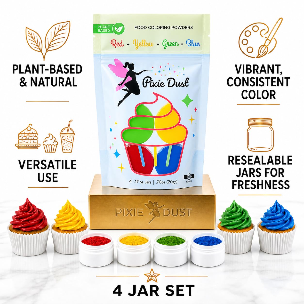 Pixie Dust Natural Food Coloring Powder, Red, Yellow, Blue &amp; Green Dye Free | Perfect for cake decorating, cookie frosting, icing &amp; drinks. Plant based, flavorless, kosher. Set of 4, 0.17 oz each.