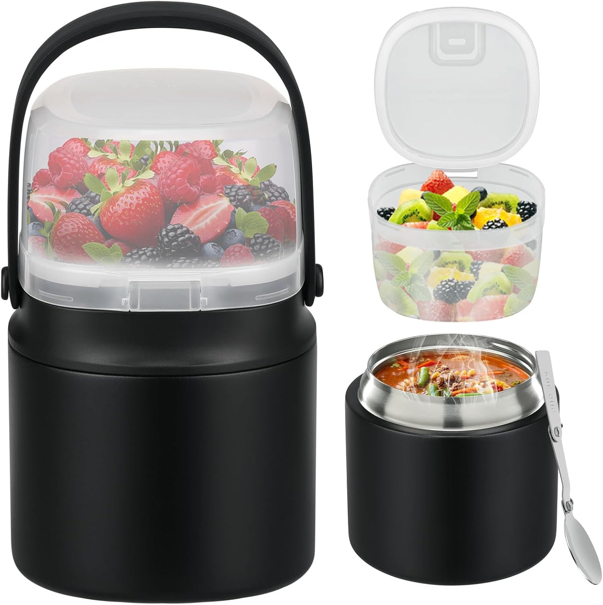 14 oz Soup Thermo for Hot Food with 7 oz Snack Container, Leak-Proof Insulated Lunch Container Kids and Adults, Stainless Steel Double Wall Vacuum Wide-mouth Thermal with Spoon and Handle-Black