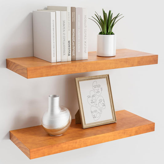Pine Floating Wall Shelves Set of 2, 16 Inches Long x 8”x 1.4” Shelf Floating Rustic Farmhouse Decor, Heavy Duty Shelf, Wall