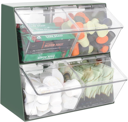 Bokelai K Cup Holder Plastic Organizer for coffee pod with Lid Large Capacity Countertop Versatile Desk Storage Station for Capsule Creamer Suger Tea Bag Face Mask Green/Clear
