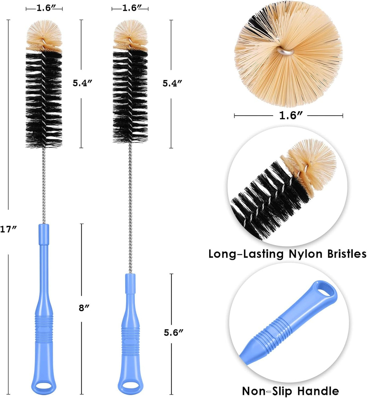 MOSOLAN Long Handle Bottle Brush, 17 Inch Bottle Brush Cleaner, 2 Pack | Extra Long Flexible Bendable Cleaner for Washing Narrow Neck Bottles, Wine Decanter, Kombucha, Pipes, Beer Brewing Supplies