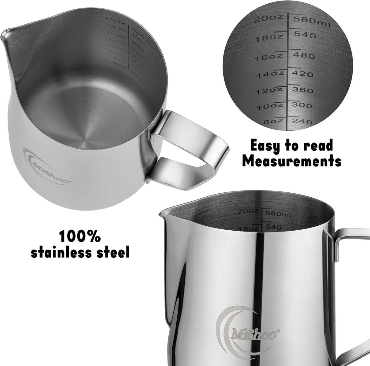 MiShoo™ Milk Frothing Pitcher 20oz – 304 Stainless Steel Milk Frother Cup for Espresso, Latte &amp; Cappuccino – Mixing Pitcher with Spouse Rustproof, Precise Pour Spout, Easy-Clean Espresso Accessories