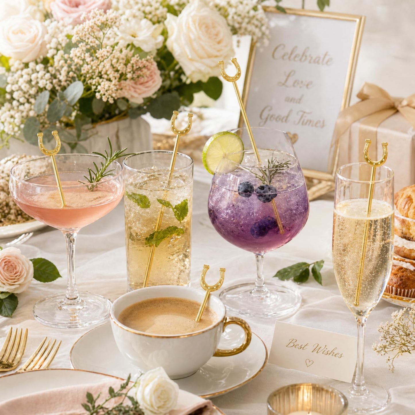 Horseshoe Drink Stirrers 6 Inch Plastic, Gold, 30 Pcs | Reusable U Shaped Swizzle Sticks for Cocktails Coffee, Party Bar Decorations for Derby Themed Weddings Events