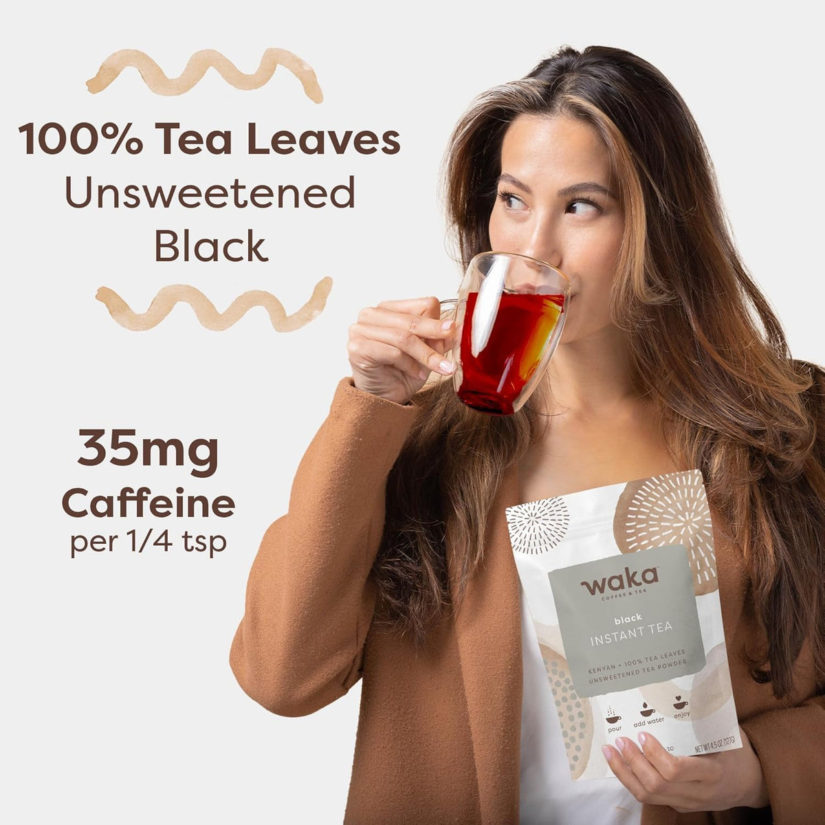 Waka Instant Black Tea Mix, Kenyan - 100% Tea Leaves, No Additives, Unsweetened Tea Powder for 50 Quarts or 200 Cups – Easy and Quick Hot or Iced Teas (4.5oz) | 100% Single-Origin Kenyan Tea Leaves, Unsweetened Concentrated Black Tea Powder, Makes up to 2