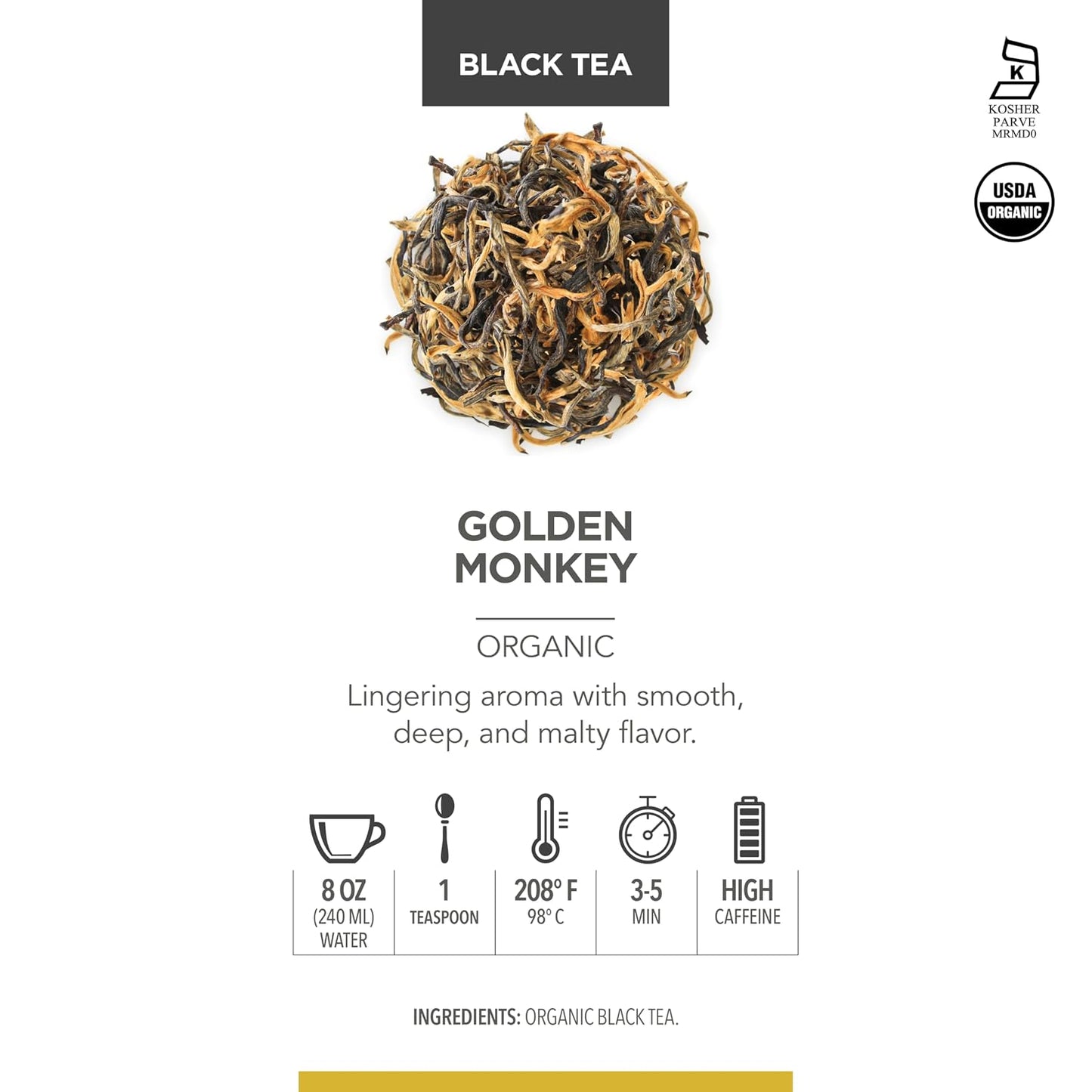Teabloom Organic Golden Monkey Loose Leaf Tea, USDA Certified Organic Black Tea, Lingering Aroma with Smooth and Malty Flavor, 2.12 Ounce Loose Leaf Tea Canister Makes 35-50 Cups