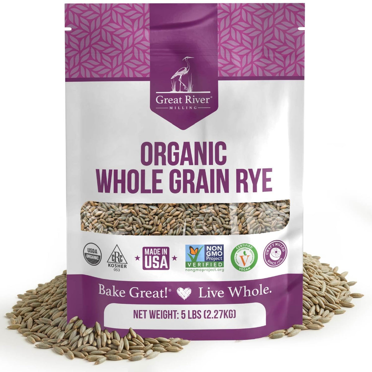 Great River Milling Organic Whole Grain Rye Berries, Non-GMO, 5 lb | Organic Whole Rye Berries for home-milled rye flour, sourdough bread, sprouting, soups, salads and pilaf; chewy cooked grain